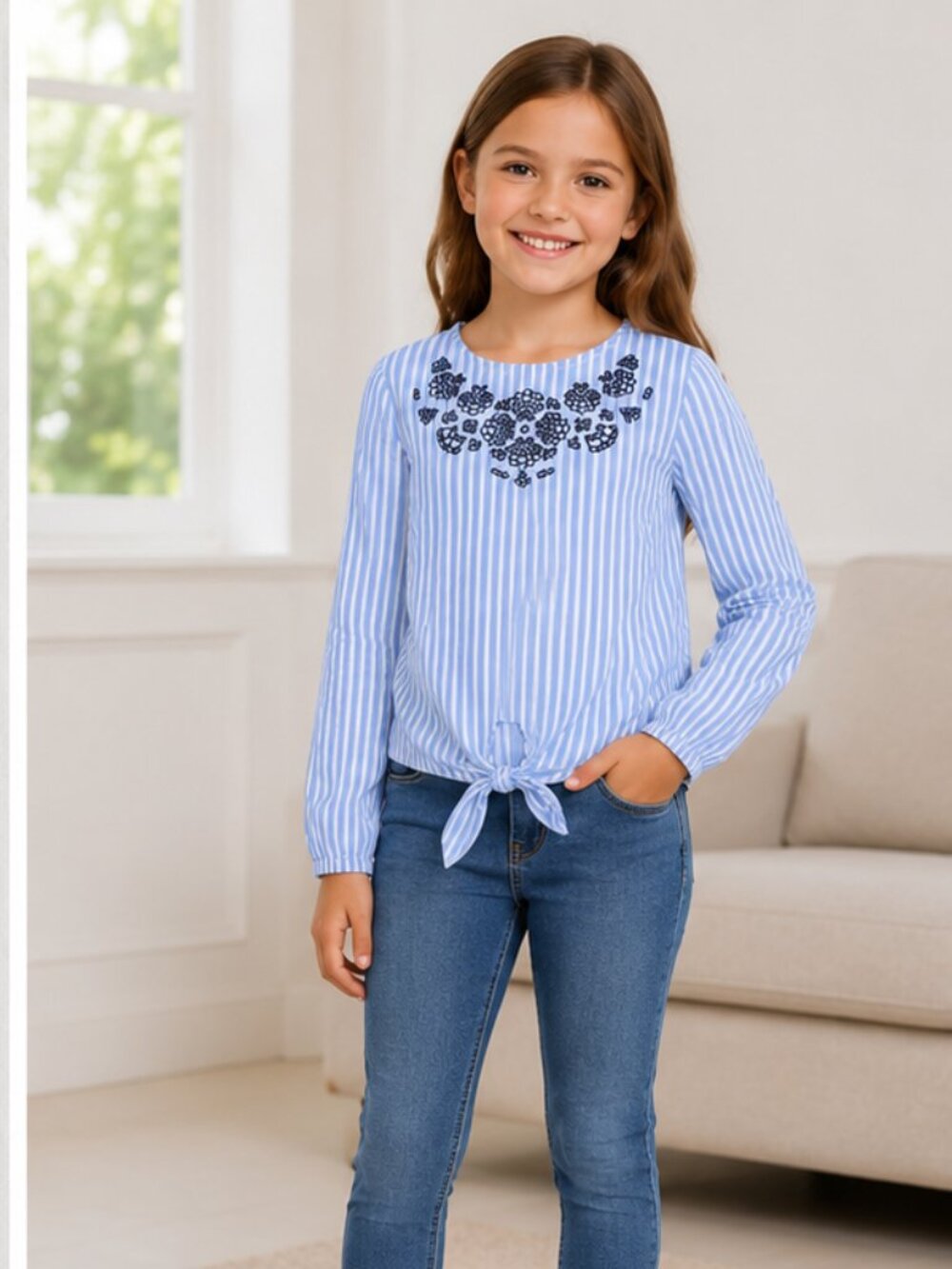 Joe Fresh Girls Blue White Stripe Embroidered Tie Front Blouse Size 6